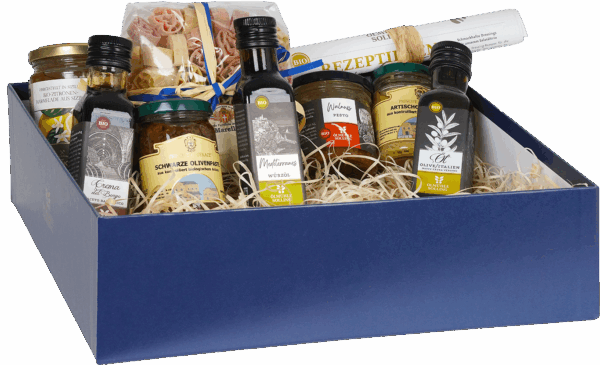 Präsentbox Mediterrane Klassiker ausgewählte Spezialitäten für eine Reise ans Mittelmeer 1