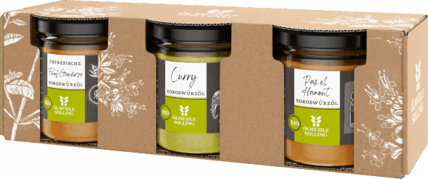 Kokoswürzöl Trio mit drei 100 g Gläsern 3 x 100 g