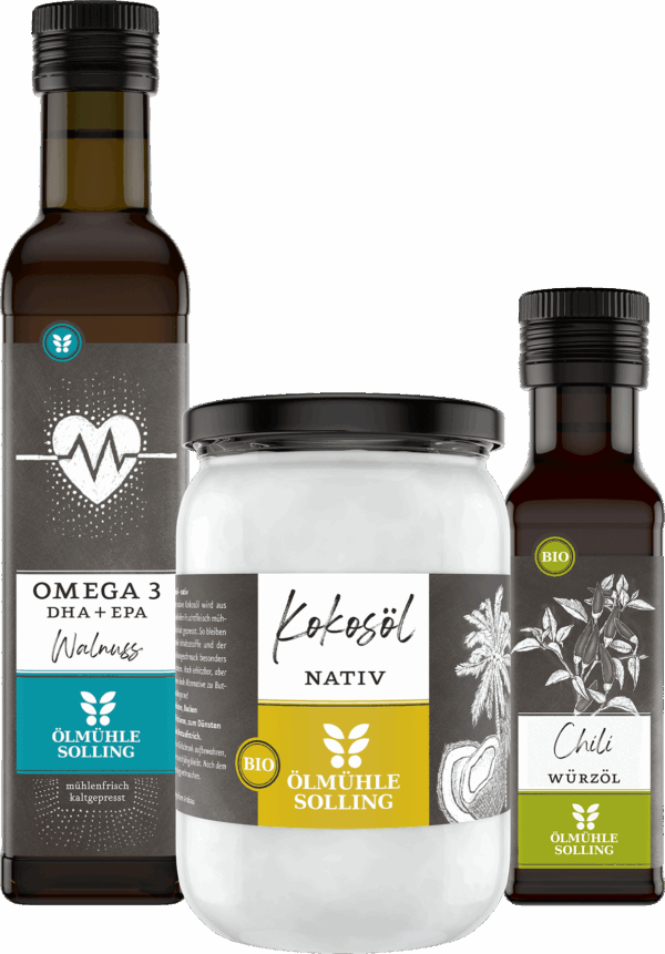Basisöl Trio exotisch mit Omega 3 Öl, Kokosöl und Chili Würzöl 250 ml, 500 ml, 100 ml