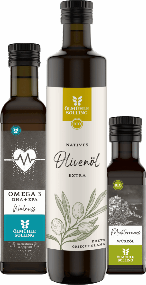 Basisöl Trio mediterran mit Omega 3 Öl, Olivenöl und Mediterranem Würzöl 250 ml, 500 ml, 100 ml