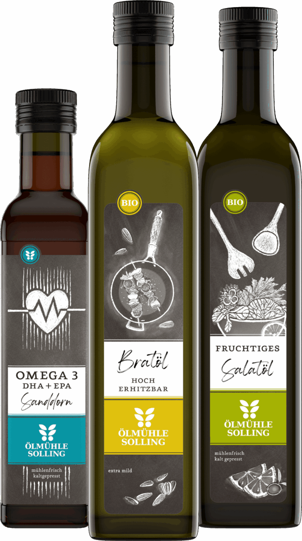 Basisöl Trio fruchtig mit Omega 3 Öl, Bratöl und Fruchtigem Salatöl 2 x 500 ml, 1 x 250 ml