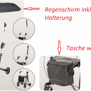 Russka Allwetter Zubehörpaket Gehwagen, Tasche und Schirm, für Vital Rollator