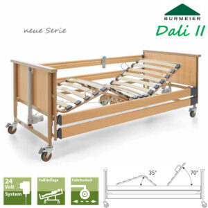 Burmeier Pflegebett Dali 90, 90cm Breite, mit Kabelbedienung, 24V, Holzumrandung, Holzliegefläche, bis 185kg Arbeitslast