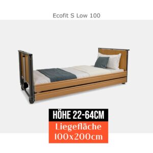 Ecofit S Low 100 (100cm) Niedrig Pflegebett 22-64cm Höhenverstellung, Liegefläche 100x200cm, Seitengitter, Holz-Innenverkleidung