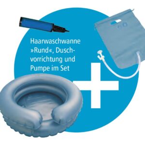 Haarwaschwannen-Set rund, inkl. Duschvorrichtung und Pumpe, aufblasbare Haarwaschwanne, 2-reihig, mit absperrbarem Wasserablauf und Kopfmulde