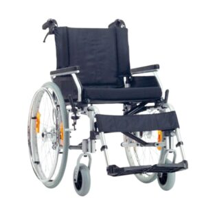 UHC Moly Eco Leichtgewichtsrollstuhl, inkl. Trommelbremse für Begleiter, inkl. Metall-Lenkgabeln, ideal für Elektrische Antriebe, inkl. Kissen, Kippschutz, uvm.