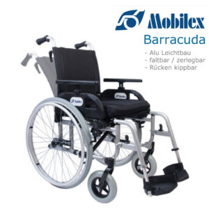 Der Mobilex Barracuda Alu-Rollstuhl, faltbar, mit 30° Kipprücken, höhenverstellbare Schiebegriffe, inkl. Sitzkissen, pannensicher, bis 120kg (#1236428)