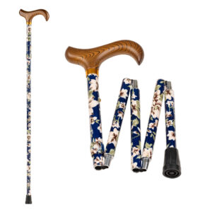 Faltbarer Leichtmetallstock im Blumendesign blau mit Derbygriff aus Holz in braun