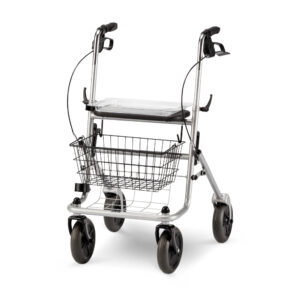Meyra Ideal Rollator, Silber, HMV, Komplettset, Standardrollator, Stockhalter, Korb, Tablett, bis 130kg (neue Serie, dunkle Bereifung)
