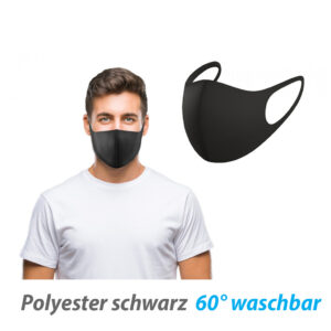 (AV) Mehrfach Mund-Nasen-Maske aus Polyester, Schwarz, bei 60 Grad waschbar, Stück, im Polybeutel (Breite/Tiefe) 12x1cm