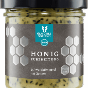 Honigzubereitung mit Schwarzkümmelöl im 180 g Glas 180 g mit Samen und Öl
