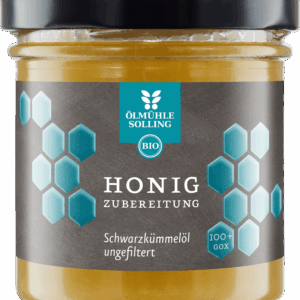 Honigzubereitung mit Schwarzkümmelöl im 180 g Glas 180 g mit Öl ungefiltert