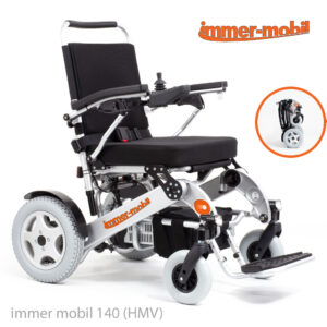 MIETEN = Elektro-Rollstuhl immer-mobil 140 HMV, 6 km/h, faltbar, leicht, robust + alltagstauglich, inkl. zwei Akkus Li-Ion Cell für mehr Reichweite, Vollgummireifen pannensicher, bis 140kg (#1117818)