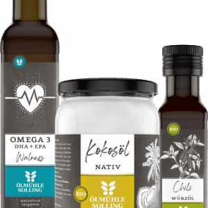 Basisöl Trio exotisch mit Omega 3 Öl, Kokosöl und Chili Würzöl 250 ml, 500 ml, 100 ml