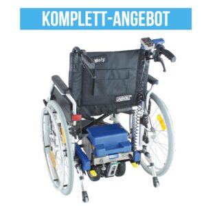 Click & Go Compact II Schiebehilfe komplett inkl. Leichtgewichtsrollstuhl Moly Eco, Fahr- und Bremssteuerung, 12Ah Akkus, Steuerung Begleitperson, bis 125kg