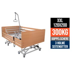 AKS XXL Pflegebett bis 300kg, 120x200cm, aks sb xxl mit extra stabiler Doppelschere, drei Seitengitterholme und 8 Rollen