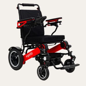 ergoflix LX Elektro-Rollstuhl faltbar Aktion inkl. Teleskoprampe + Ladekantenschutzmatte, HMV, Red Premium Luxe Version, Sitzbreite 48cm, Steigungen bis 21%, bis 145kg