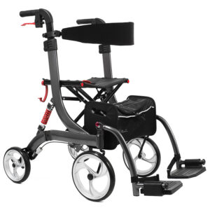Bescomed Spring VARIO-L, Rollator + Rollstuhl, graphitgrau, 2in1, Alu Leichtgewichtsrollator, neue Serie, Gehwagen + Rollstuhl inkl. Beinstützen und Komfort-Rückengurt (#10181)